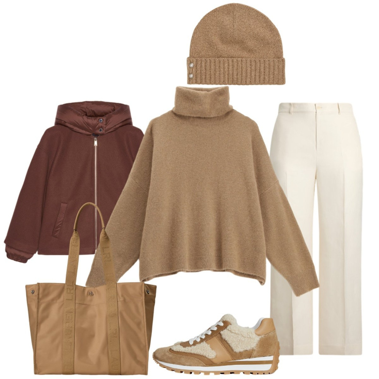 Outfit donna - I primi freddo. Stile Chic per Tutti i giorni. Abbinamento con maglieria, pantaloni, sneakers, borse tote, berretti, bomber.