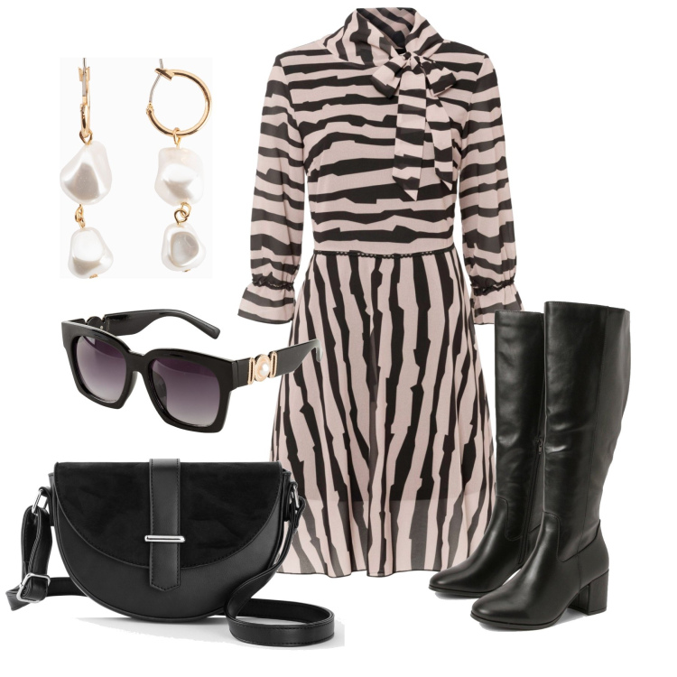 Outfit femme - Octobre. Style Glamour pour Tous les jours. Assortir avec robes longues, sacs en bandoulière, lunettes de soleil, boucles d'oreilles, bottes.