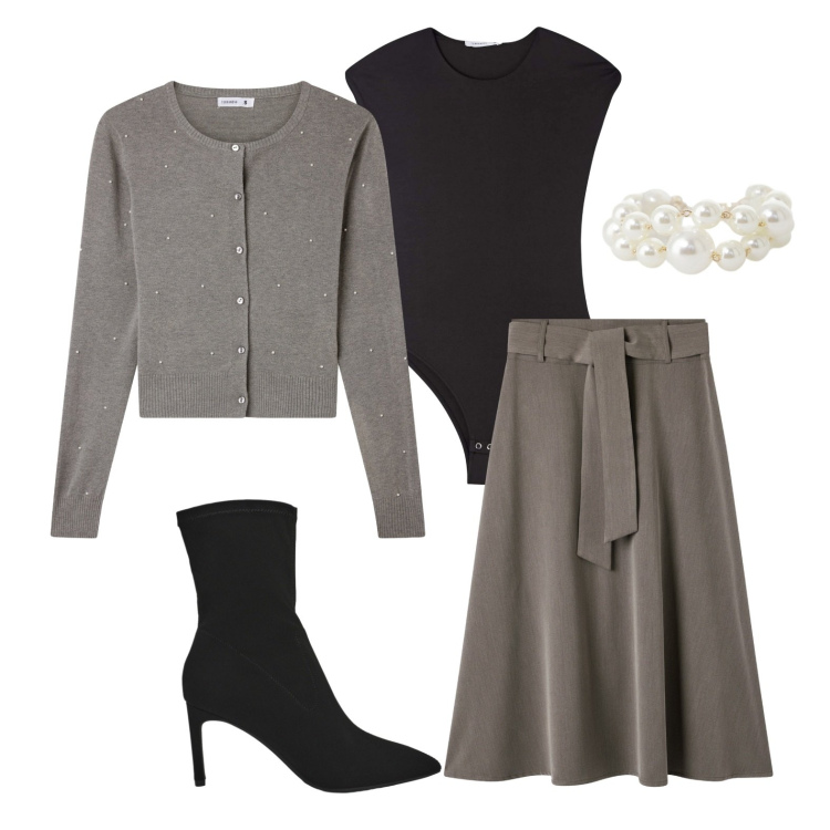 Outfit donna - Gonna e stivali bon ton. Stile Bon Ton per Tutti i giorni. Abbinamento con gonne lunghe, body, stivali, cardigans, anelli.