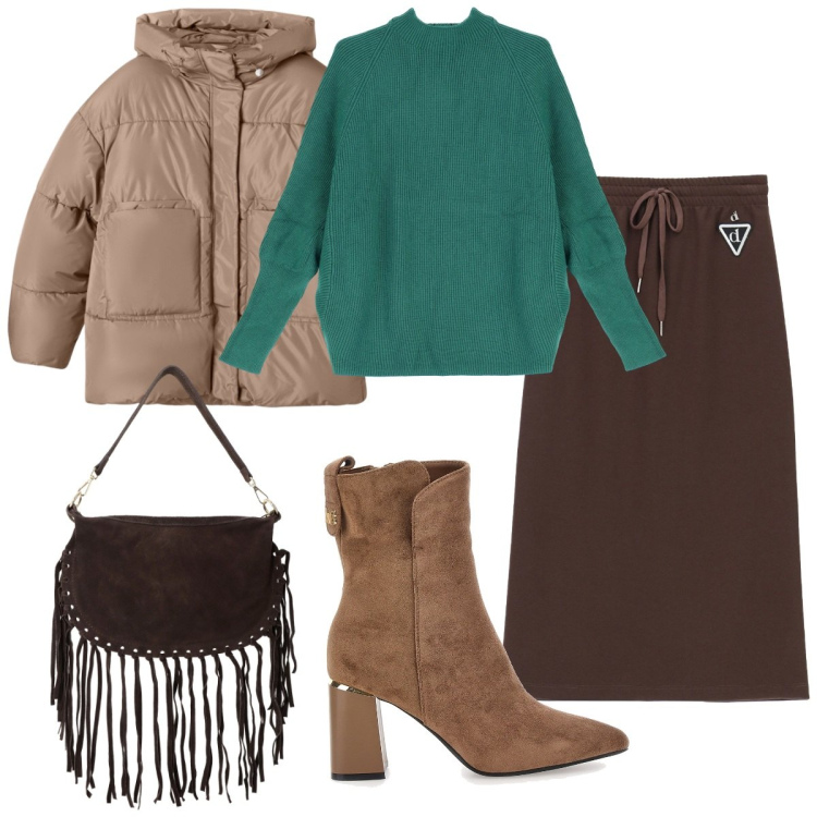 Outfit donna - Pronta per il weekend. Stile Casual chic per Serata fuori. Abbinamento con bomber, gonne longuette, borse a tracolla, maglieria, stivaletti.