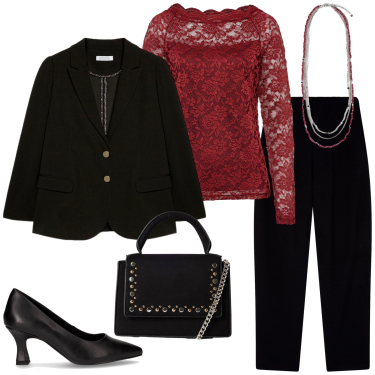 Outfit donna - Total look #2258306. Stile Chic per Serata fuori. Abbinamento con maglieria, pantaloni chino, borse a tracolla, blazer, décolleté, collane.