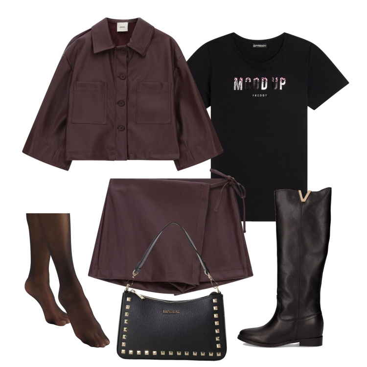 Outfit donna - Completo similpelle con skort. Stile Trendy per Tutti i giorni. Abbinamento con collant, pochette, t-shirt, minigonne, blazer, stivali.