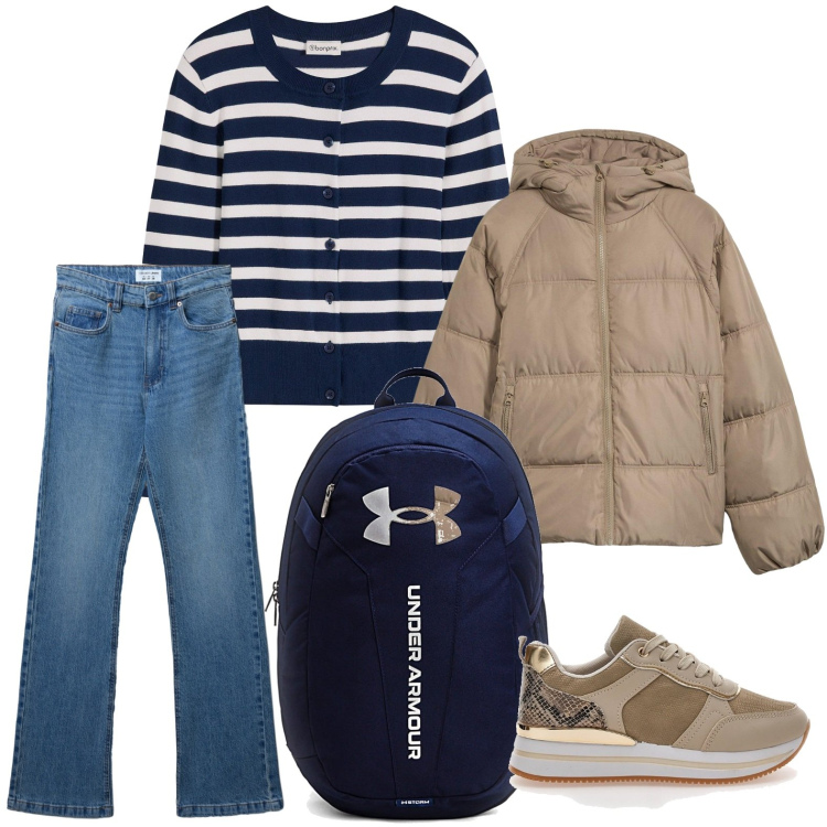 Outfit donna - Casual sopra le righe. Stile Casual per Scuola/Università. Abbinamento con giacche, cardigans, jeans bootcut, sneakers, zaini.