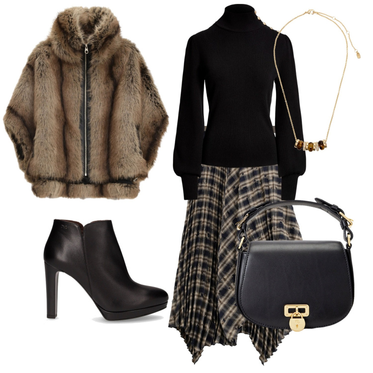 Outfit donna - Tocco raffinato. Stile Casual chic per Ufficio. Abbinamento con blazer, gonne lunghe, borse a tracolla, maglieria, collane, stivaletti.