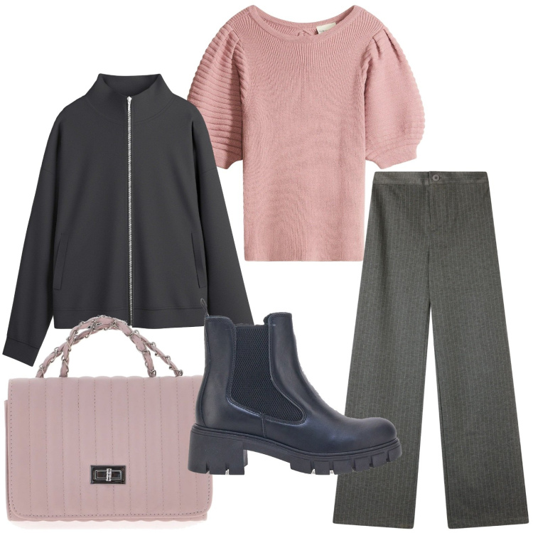 Outfit donna - Stile urbano. Stile Glamour per Tutti i giorni. Abbinamento con blazer, maglieria, pantaloni, stivaletti chelsea, borse a tracolla.