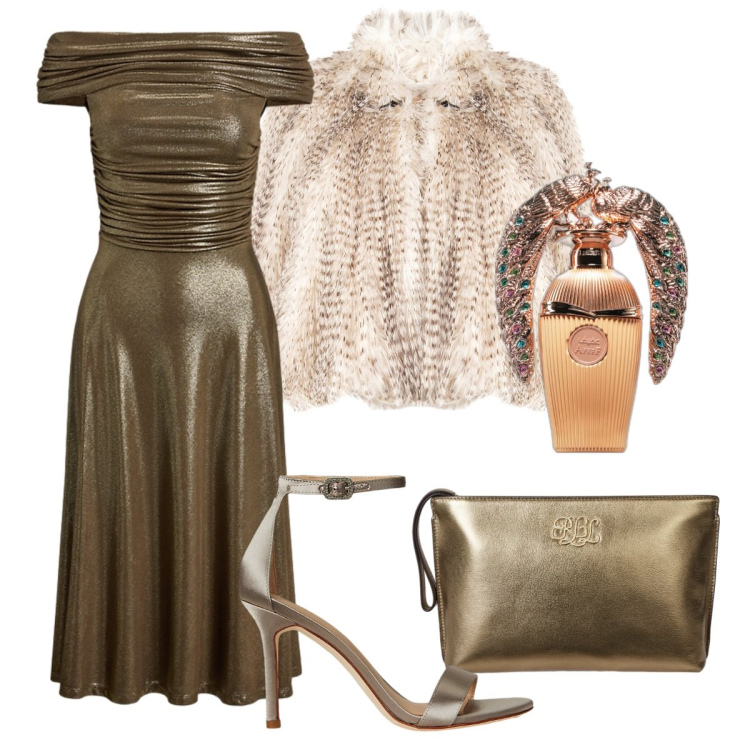 Outfit donna - Mamma dello sposo. Stile Bon Ton per Cerimonia. Abbinamento con profumi, ecopellicce, sandali col tacco, vestiti, pochette.