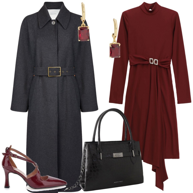 Outfit donna - Serata fuori. Stile Chic per Serata fuori. Abbinamento con borse a mano, vestiti midi/longuette, orecchini, décolleté, cappotti.