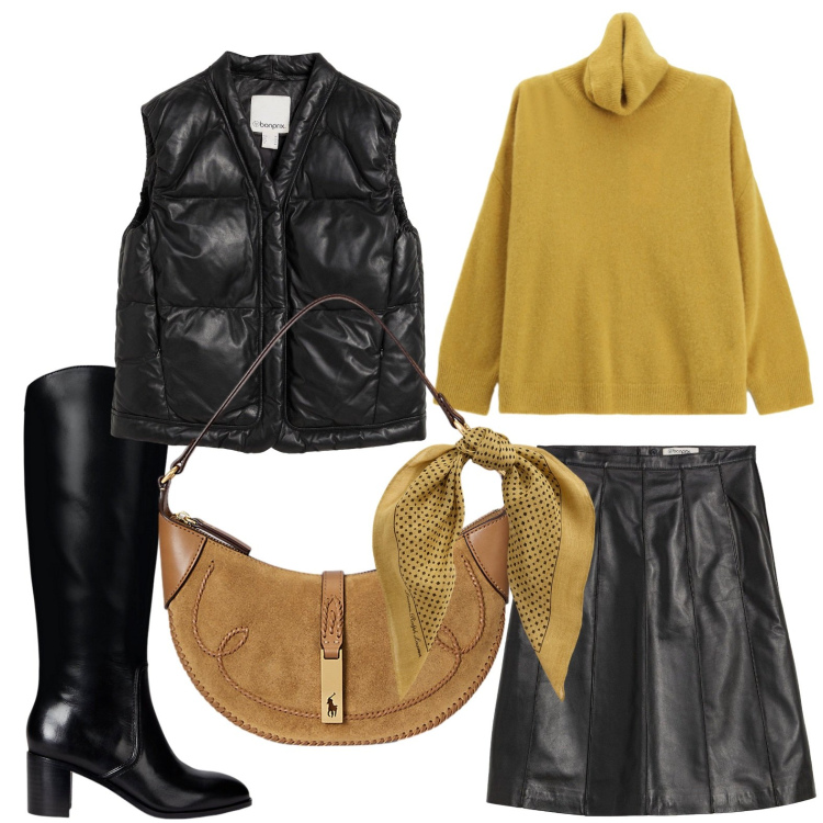 Outfit donna - Questione di pelle. Stile Minimal per Ufficio. Abbinamento con gonne, piumini, maglieria, borse a spalla, foulard, stivali.