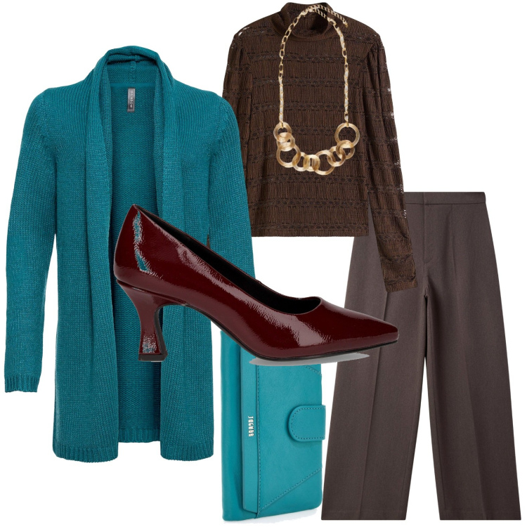 Outfit donna - Chocolat lover. Stile Casual per Ufficio. Abbinamento con cardigans, maglieria, pantaloni, décolleté, portafogli, collane.