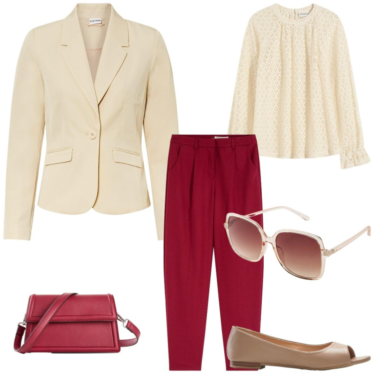Outfit donna - Total look #2258320. Stile Casual chic per Tutti i giorni. Abbinamento con pantaloni, blazer, occhiali da sole, ballerine, borse a tracolla, bluse.