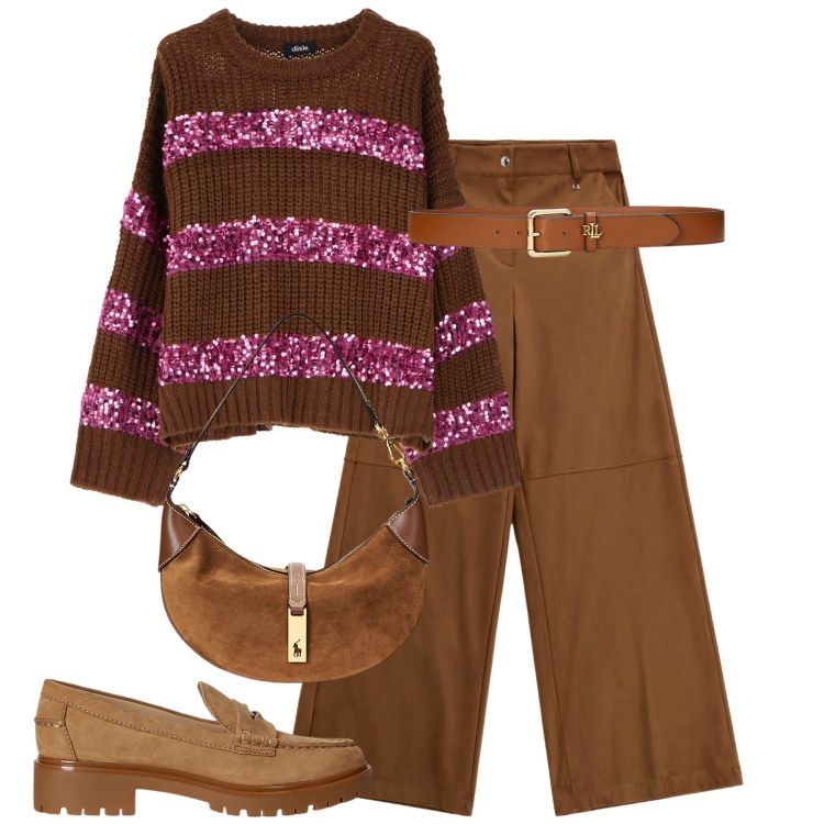 Outfit donna - I primi freddi. Stile Casual chic per Tutti i giorni. Abbinamento con maglieria, pantaloni a palazzo, borse a spalla, cinture, mocassini.