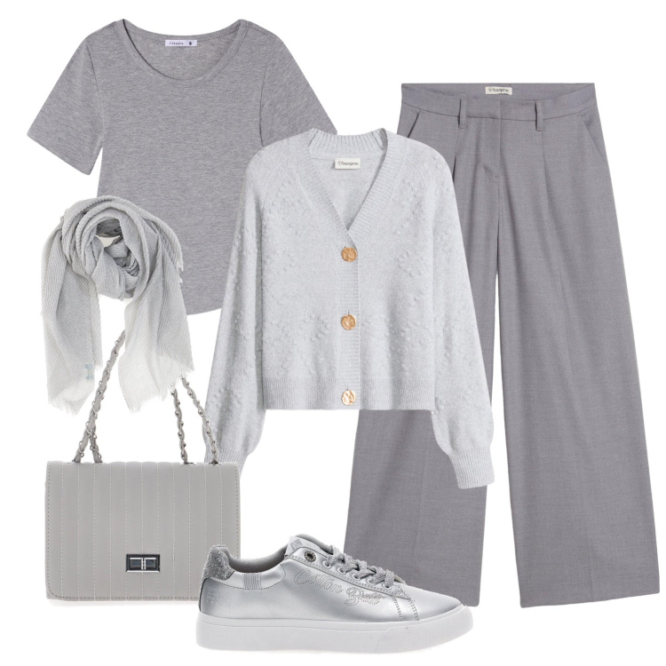 Outfit donna - Grigio mélange e argento. Stile Casual chic per Ufficio. Abbinamento con cardigans, pantaloni, t-shirt, sneakers, borse a tracolla, foulard.