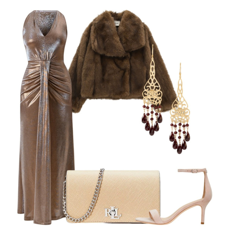 Outfit donna - Il mio cinquantesimo. Stile Bon Ton per Cerimonia. Abbinamento con vestiti lunghi, blazer, borse a tracolla, orecchini, sandali in pelle.