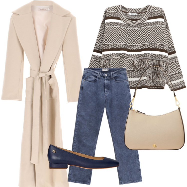 Outfit donna - Il potere del cappotto. Stile Basic per Ufficio. Abbinamento con maglieria, cappotti, jeans dritti, ballerine, borse a spalla.