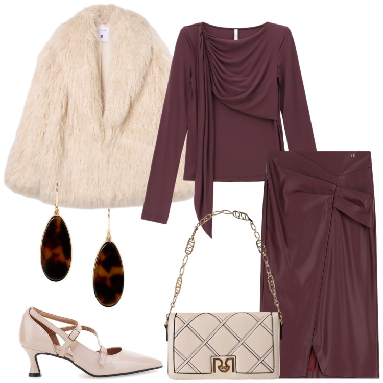 Outfit donna - Serata fuori. Stile Chic per Serata fuori. Abbinamento con ecopellicce, gonne longuette, borse a tracolla, bluse, orecchini, décolleté.