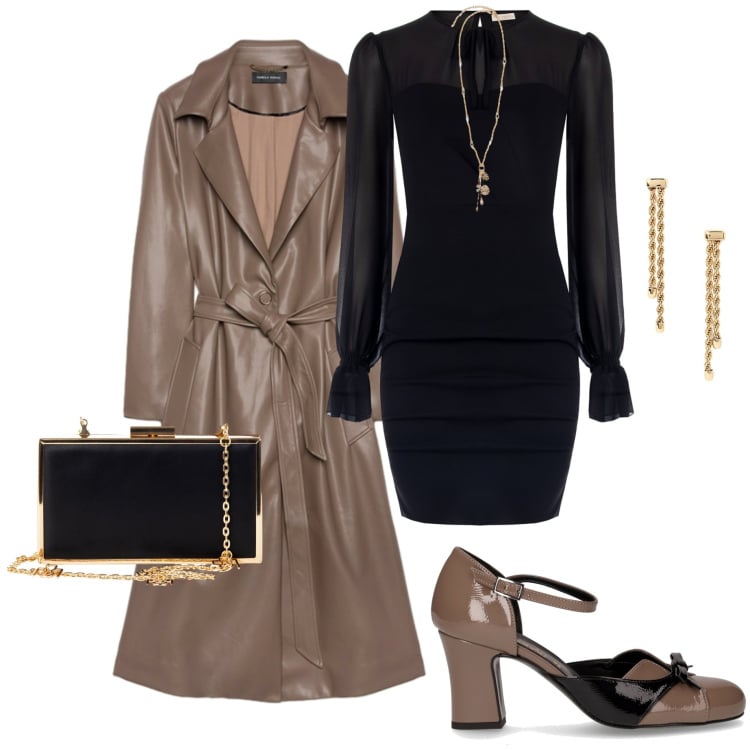 Outfit donna - Serata fuori. Stile Chic per Serata fuori. Abbinamento con vestiti a tubino, pochette, orecchini, décolleté, ciondoli, trench.