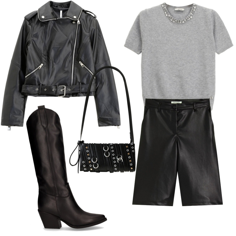 Outfit donna - Total look #2258339. Stile Casual per Tutti i giorni. Abbinamento con bermuda, borse a spalla, giacche, maglieria, stivali.