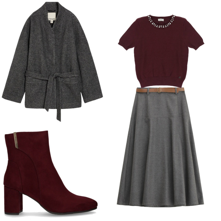 Outfit donna - Total look #2258342. Stile Casual per Ufficio. Abbinamento con blazer, gonne lunghe, maglieria, stivaletti.