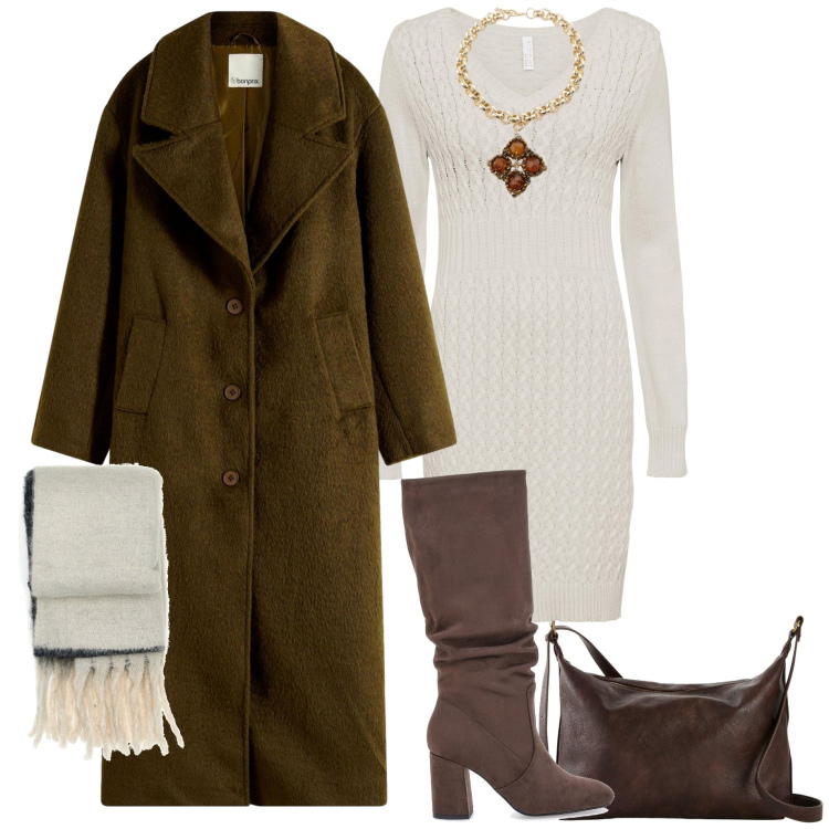 Outfit donna - Abito in maglia. Stile Casual chic per Serata fuori. Abbinamento con vestiti, borse a tracolla, cappotti, collane, stivali sopra il ginocchio, sciarpe.