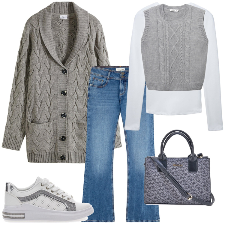 Outfit donna - Casual style. Stile Casual per Tutti i giorni. Abbinamento con cardigans, t-shirt, maglieria, jeans a zampa, sneakers, borse a tracolla.