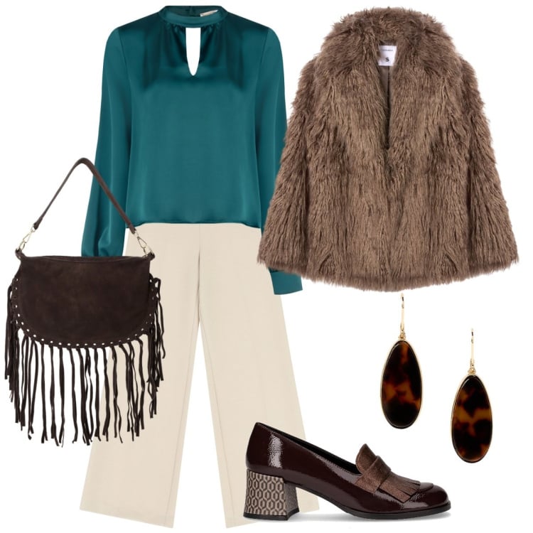 Outfit donna - Ottanio. Stile Romantica per Tutti i giorni. Abbinamento con ecopellicce, bluse, pantaloni, borse a tracolla, orecchini, mocassini.