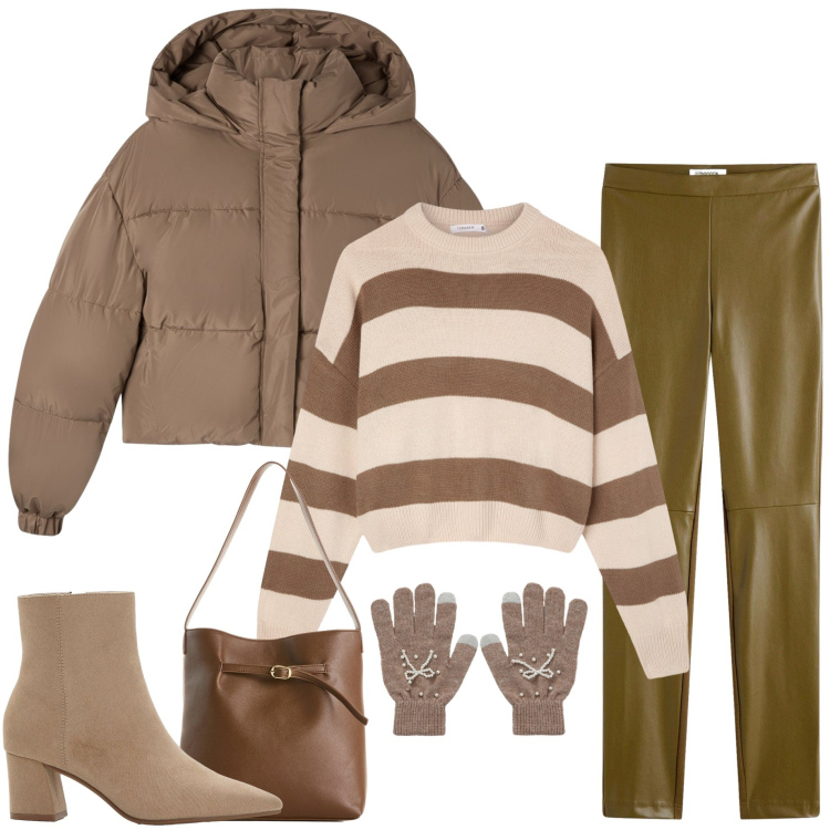 Outfit donna - Pantaloni in ecopelle. Stile Sporty chic per Serata fuori. Abbinamento con borse a mano, stivaletti, pantaloni, maglieria, bomber, guanti.