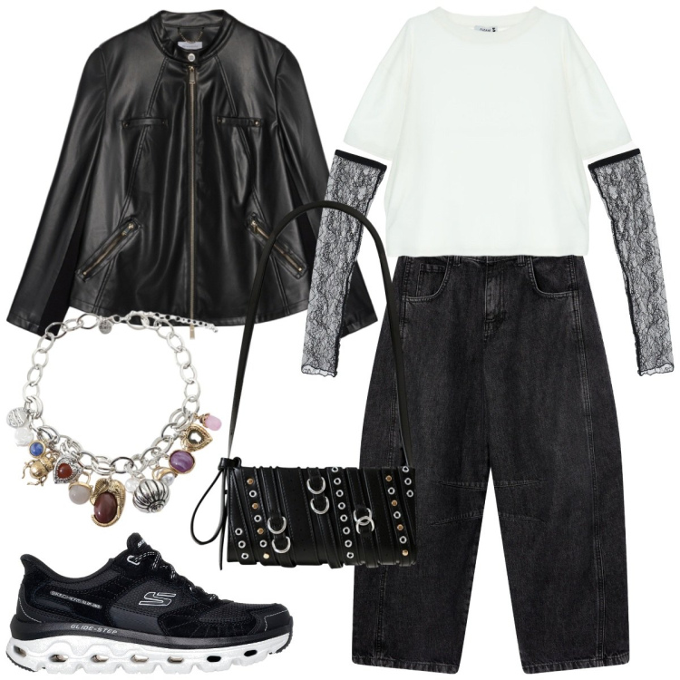 Outfit donna - Giacca di pelle. Stile Sporty chic per Tutti i giorni. Abbinamento con jeans, t-shirt, borse a spalla, braccialetti con ciondoli, giacche, sneakers.