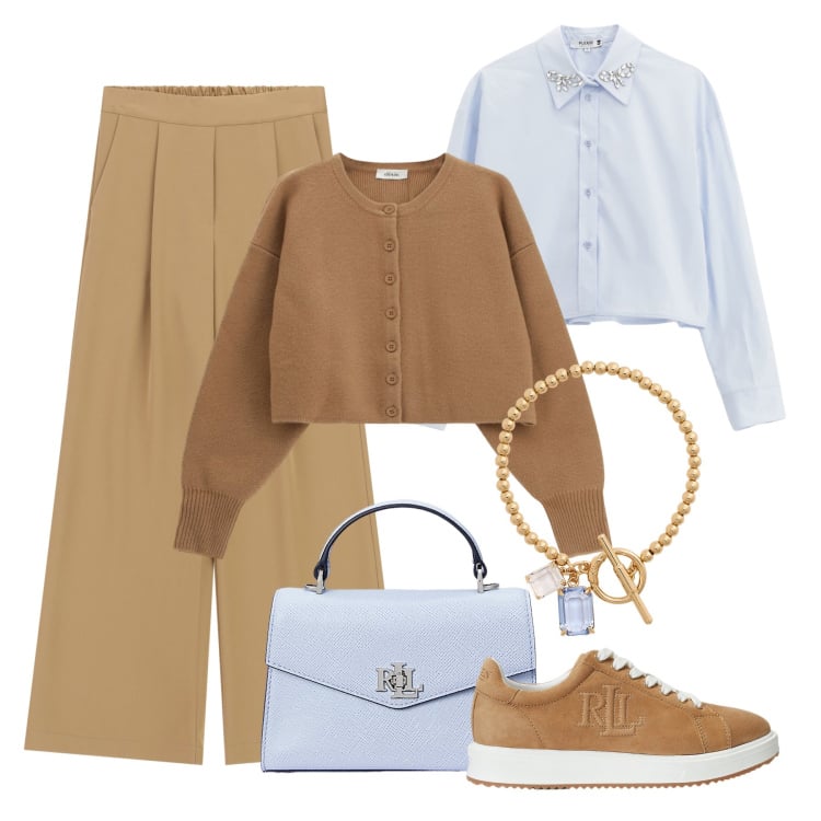 Outfit donna - Autunno azzurro e biscotto. Stile Casual chic per Tutti i giorni. Abbinamento con camicie, cardigans, pantaloni a palazzo, sneakers, braccialetti, borse a mano.