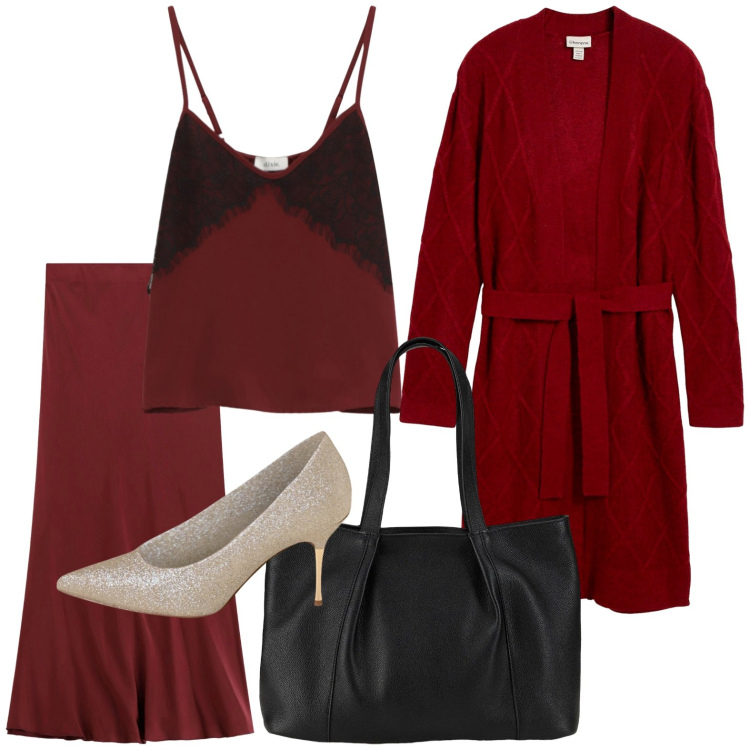 Outfit donna - Il tormentone burgundy. Stile Chic per Ufficio. Abbinamento con shopping bag, cardigans, décolleté, top, gonne lunghe.