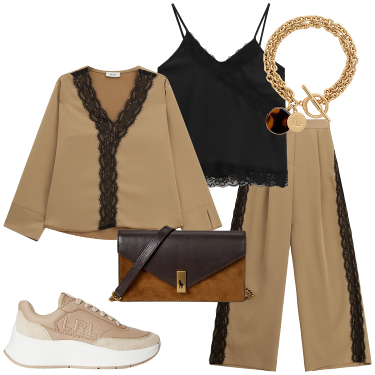 Outfit donna - Total look #2258354. Stile Glamour per Serata fuori. Abbinamento con bluse, top, pantaloni a palazzo, sneakers, clutch, braccialetti con ciondoli.