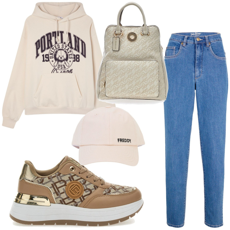Outfit donna - Domenica allo stadio. Stile Basic per Sport. Abbinamento con jeans mom, felpe con cappuccio, cappelli con visiera, sneakers, zaini.