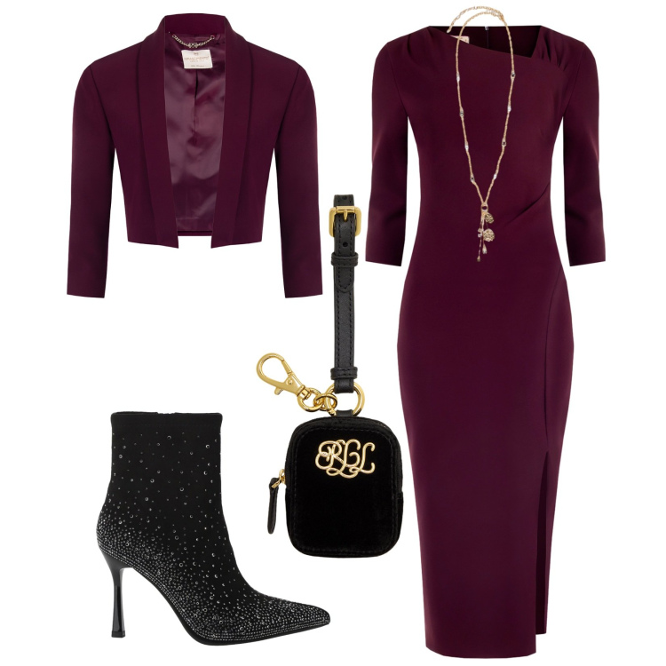 Outfit donna - Il tubino color vino. Stile Glamour per Serata fuori. Abbinamento con vestiti a tubino, blazer, stivaletti, pochette, ciondoli.