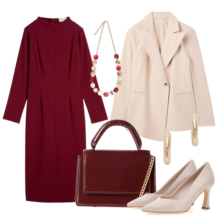 Outfit donna - Rosso e champagne. Stile Chic per Tutti i giorni. Abbinamento con vestiti midi/longuette, blazer, borse a tracolla, orecchini, collane, décolleté.
