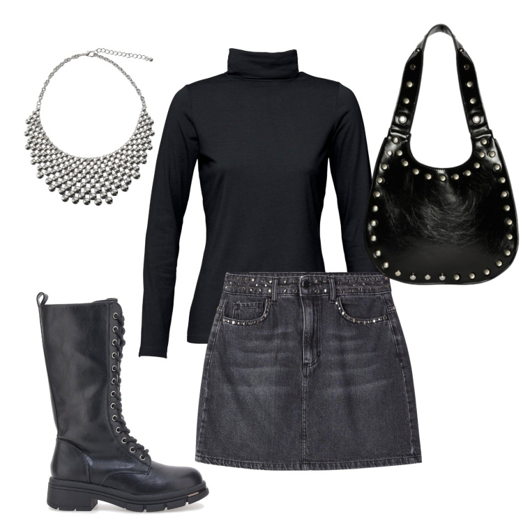 Outfit donna - Gonna stivali...e borchie. Stile Rock per Serata fuori. Abbinamento con maglieria, minigonne, collane, anfibi, borse a spalla.