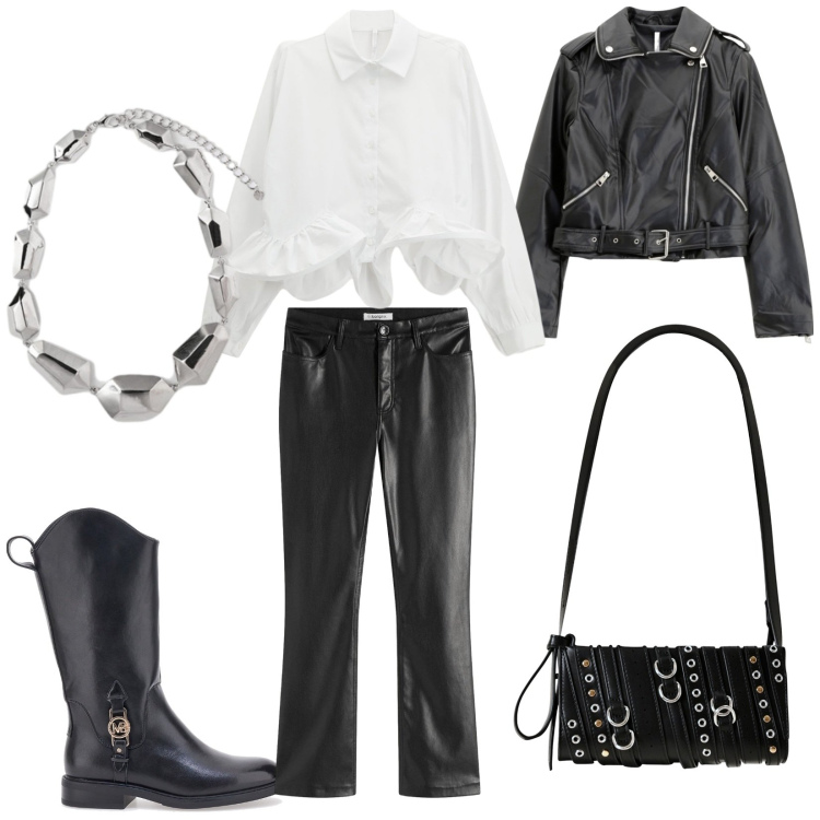 Outfit donna - Total look #2258362. Stile Casual per Ufficio. Abbinamento con pantaloni, borse a spalla, giacche, camicie, stivaletti, ciondoli.