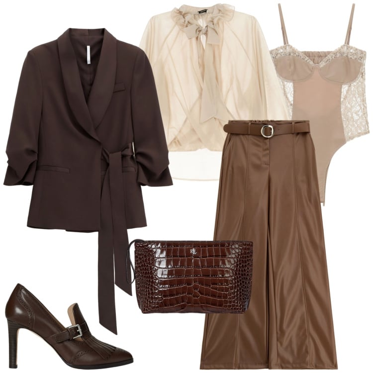 Outfit donna - Total look #2258366. Stile Glamour per Serata fuori. Abbinamento con body, bluse, blazer, pantaloni, pochette, décolleté.