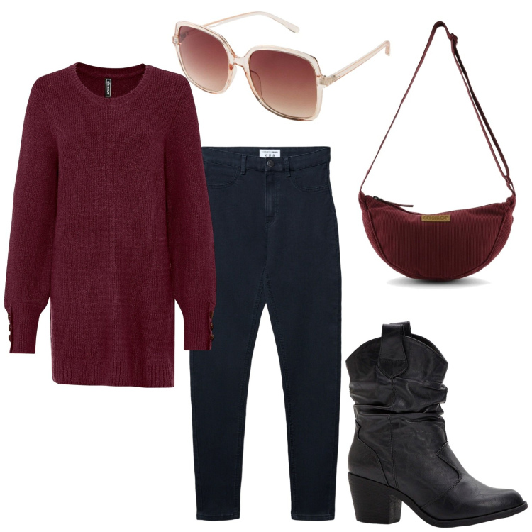 Outfit donna - Rosso top. Stile Urban per Tutti i giorni. Abbinamento con occhiali da sole, stivaletti texani, maglieria, jeggings, borse a tracolla.