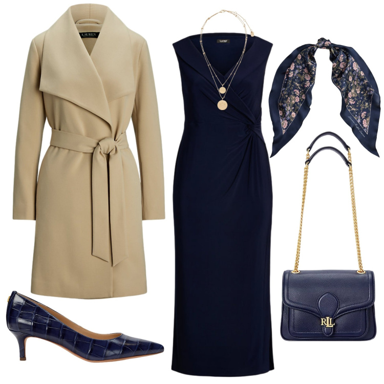 Outfit donna - Total look #2258372. Stile Chic per Serata fuori. Abbinamento con ciondoli, décolleté, borse a spalla, cappotti, vestiti lunghi, foulard.