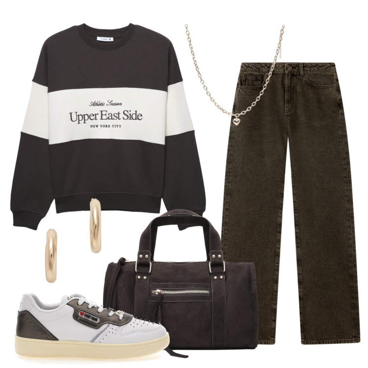 Outfit donna - Marrone profondo. Stile Casual per Tutti i giorni. Abbinamento con collane, borse a mano, jeans dritti, felpe sportive, orecchini, sneakers.