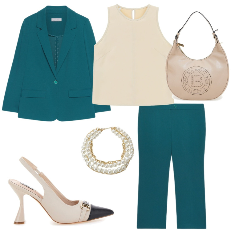 Outfit donna - Eleganza raffinata. Stile Chic per Serata fuori. Abbinamento con top, collane, pantaloni, borse a spalla, blazer, décolleté.