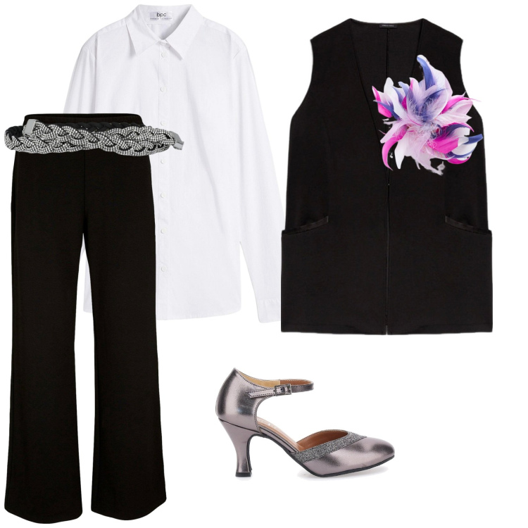 Outfit donna - Si balla. per Serata fuori. Abbinamento con camicie, pantaloni a palazzo, cinture, décolleté, gilet, accessori per capelli.