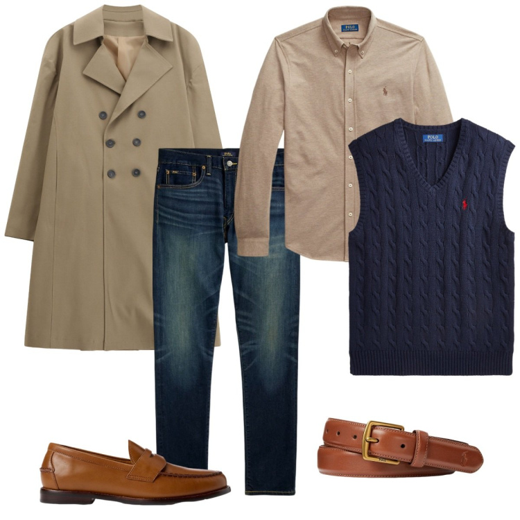 Outfit uomo - Total look #2258382. Stile Trendy per Serata speciale. Abbinamento con trench, cinture, scarpe stringate, jeans, camicie, maglieria.