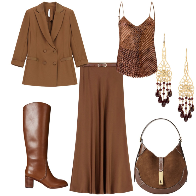 Outfit donna - Total look #2258383. Stile Glamour per Cerimonia. Abbinamento con canottiere, gonne lunghe, blazer, borse a spalla, stivali, orecchini.