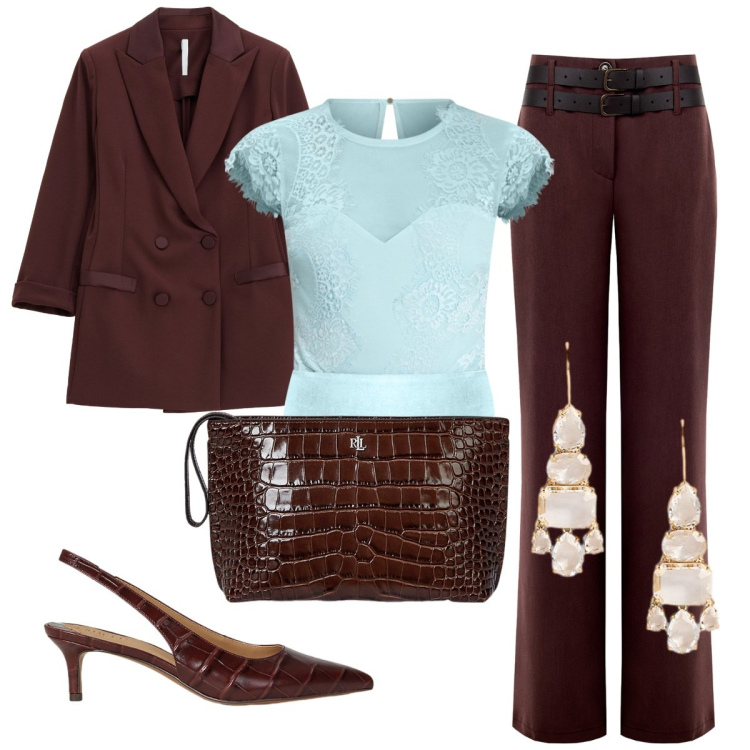 Outfit donna - Cerimonia. Stile Bon Ton per Cerimonia. Abbinamento con body, pantaloni, blazer, décolleté, pochette, orecchini.