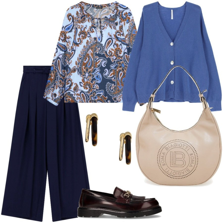 Outfit donna - Tonalità di blu. Stile Casual chic per Ufficio. Abbinamento con pantaloni a palazzo, cardigans, orecchini, borse a spalla, mocassini, bluse.