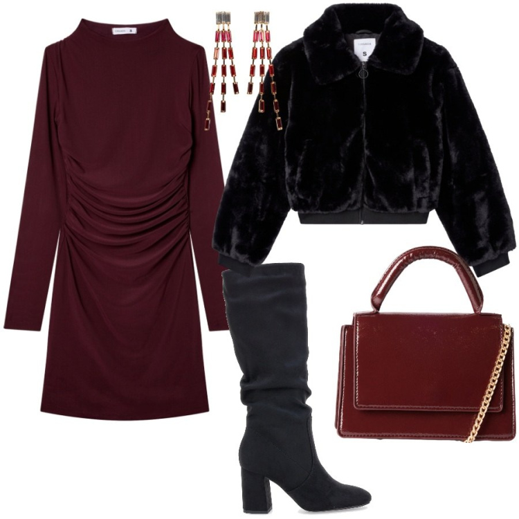 Outfit donna - Serate con le amiche. Stile Glamour per Serata fuori. Abbinamento con orecchini, borse a tracolla, vestiti corti, ecopellicce, stivali sopra il ginocchio.