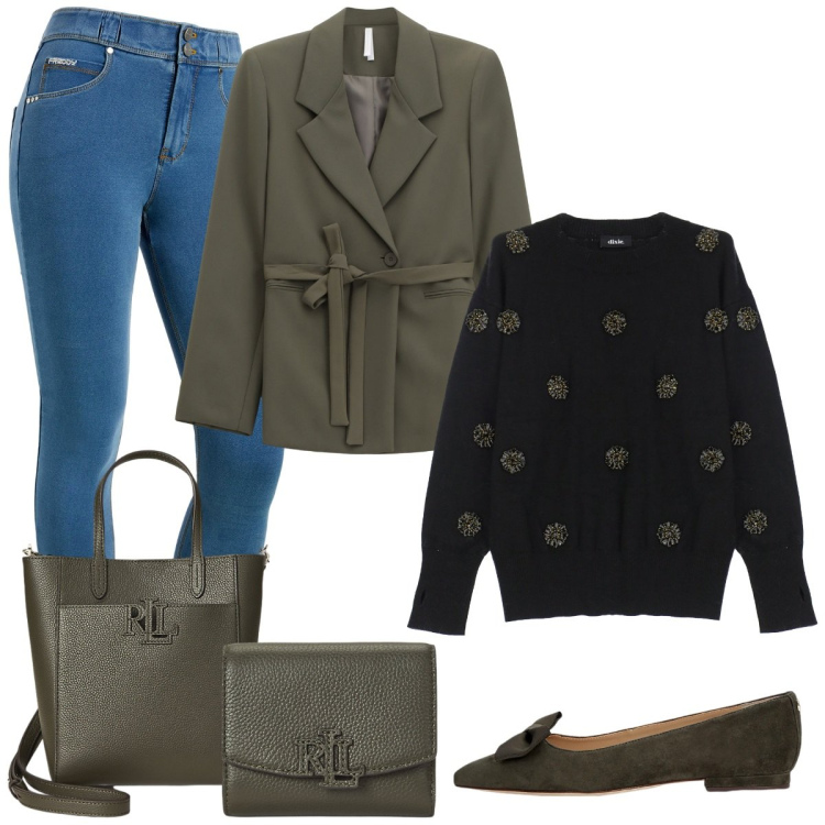 Outfit donna - Borsa e portafoglio verdi. Stile Basic per Tutti i giorni. Abbinamento con blazer, jeans skinny, pullovers, ballerine, borse tote, portafogli.