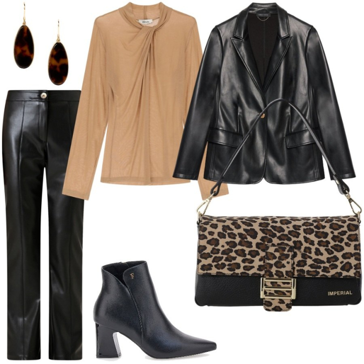 Outfit donna - Sabato sera fuori. Stile Glamour per Serata fuori. Abbinamento con pantaloni, borse a spalla, top, orecchini, stivaletti, blazer.