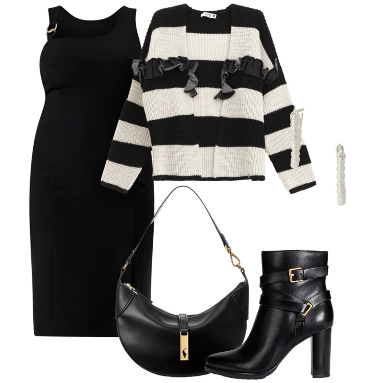 Outfit donna - L\'immancabile tubino nero. Stile Basic per Serata fuori. Abbinamento con cardigans, vestiti a tubino, borse a spalla, orecchini, stivaletti.