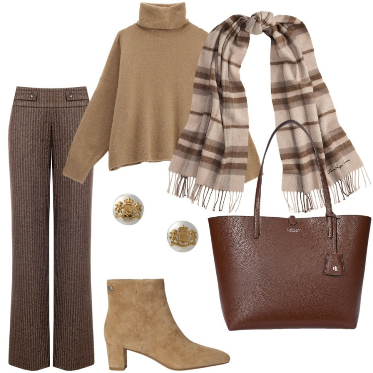 Outfit donna - Total look #2258398. Stile Casual chic per Ufficio. Abbinamento con pantaloni, maglieria, orecchini, borse tote, stivaletti, sciarpe.